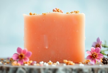 Fragrant soap slice, close-up view showing texture and color, essential oil, spa