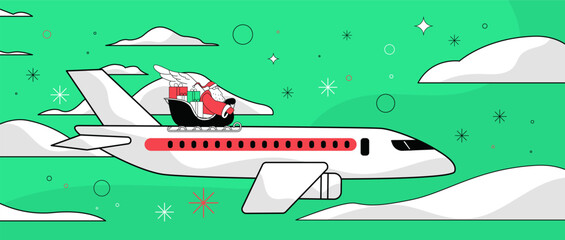 Santa Christmas travel airplane sleigh gifts sky modern festive scene with Santa riding sleigh on airplane surrounded by clouds and snowflakes