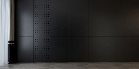 The moderrn cozy living room and empty black pattern wall background. 3d rendering