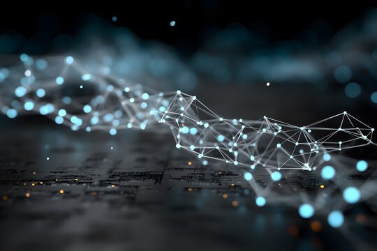 Abstract digital network of glowing nodes and connections on a dark, textured surface.