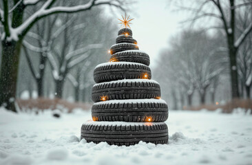 Creative winter tire tree decoration stands tall in snowy park setting during cold season