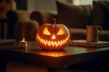 Jack-o'-lantern with a devilish grin sitting on a coffee table in a cozy living room during the Halloween season