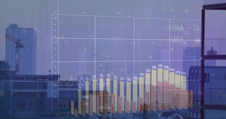 Displaying data overlay on office window overlooking skyline with grid, axis labels and line graph