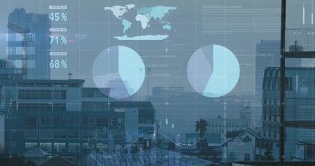 Displaying transparent data overlay through high-floor downtown office window, with grid overlays