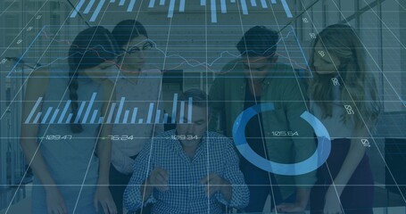 Office professionals collaborating on data overlays on laptop in conference room, with binders