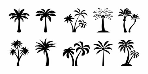 Collection of diverse black silhouette palm tree icons and illustrations on white background