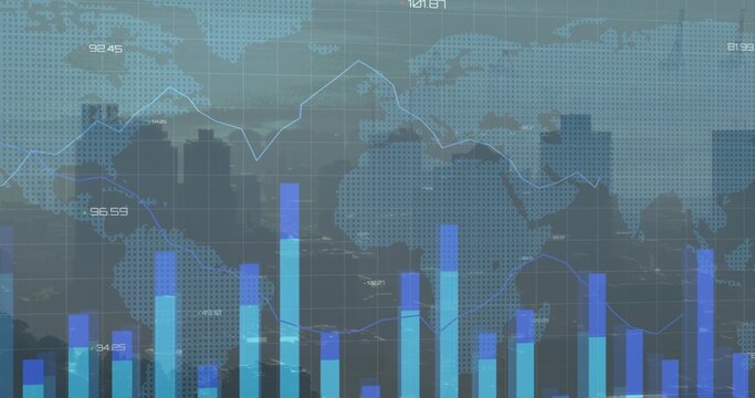 Presenting dashboard overlaying skyline silhouette, with bars, line graph, dotted world map, labels