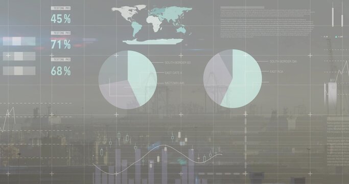 Displaying dashboard on rooftop overlooking city, showing world map and financial visualizations