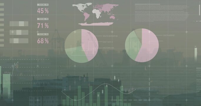 Showing overlay over hazy skyline with world map, percentage labels, pie and bar charts, data grids