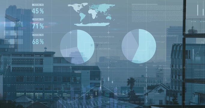 Displaying transparent data overlay through high-floor downtown office window, with grid overlays