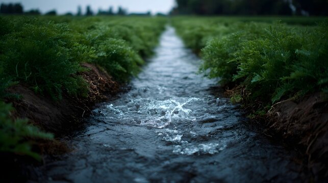 Flowing irrigation ditch between lush green rows of crops under diffused daylight