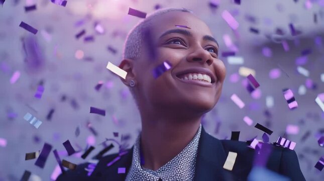 International Women's Day 2026 concept. Happy young mixed race black woman dancing under purple confetti at an office party. Joyful celebration. Equality day event	
