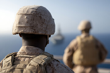 Two figures in tactical gear stand against a backdrop of the ocean. Their focus is directed towards the horizon, where a ship is vaguely visible, suggesting a scene of military preparedness.