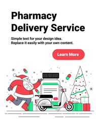 Santa pharmacy delivery service Christmas concept Santa Claus runs beside scooter with medicine bottle gifts Christmas tree pills snow website banner