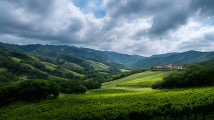 Obraz premium Expansive green vineyard landscape with rolling hills a majestic winery estate and dramatic clouds under sunlight