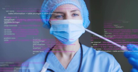 Extending technician wearing scrubs, mask and glove, showing nasal swab in lab, with code overlay