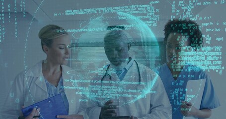 Examining tablets, white coat doctors and scrub nurse in ward corridor, with globe and code overlay