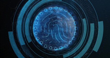 Displaying globe with fingerprint pattern and elements in scifi UI over network grid