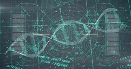 Displaying dotted DNA double helix over digital interface, with circular HUD and code fragments
