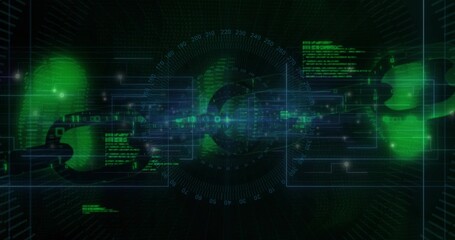 Showing central chain link spinning in interface, with binary streams, frames, gauge, nodes
