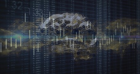 Floating metallic brain reflecting gold-silver in trading screen, with scrolling bars and numbers