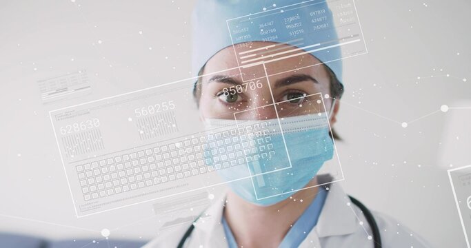 Analyzing holographic panels doctor navigating floating graphs in clinic, with stethoscope mask