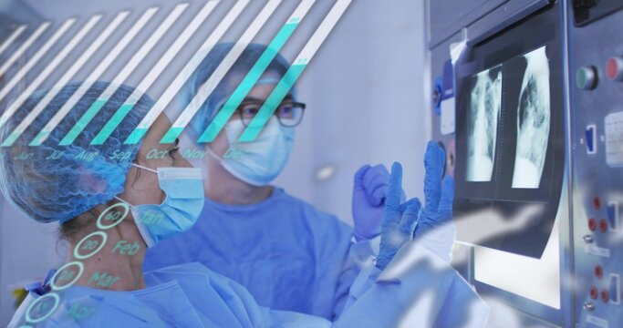 Inspecting doctors wearing blue scrubs examining chest X-ray films in radiology, with data overlay - Powered by Adobe