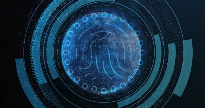 Displaying globe with fingerprint pattern and elements in scifi UI over network grid