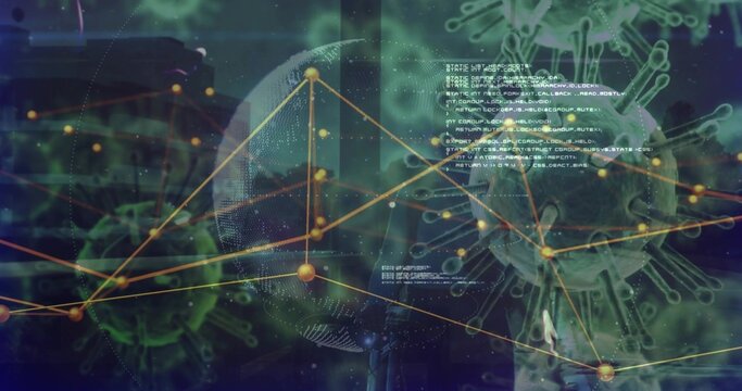 Displaying network graph mapping green viral models and gold nodes in virtual lab with wireframes - Powered by Adobe
