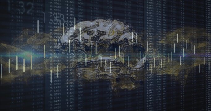 Floating metallic brain reflecting gold-silver in trading screen, with scrolling bars and numbers