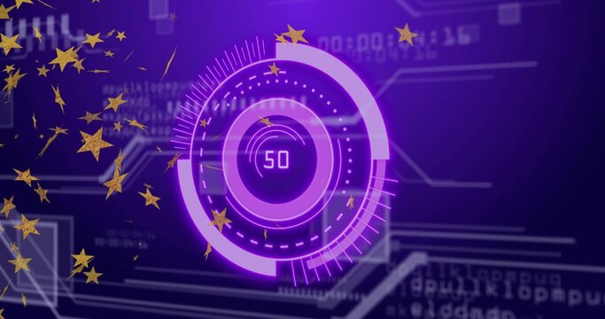 Naklejki Displaying purple ringed gauge showing number 50 on digital screen, with code lines and gold stars