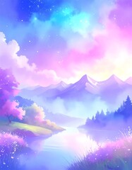 Pastel landscape painting with mountains, river, and clouds