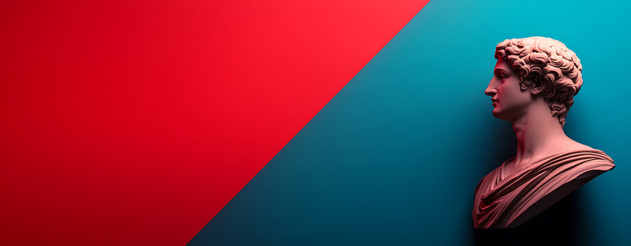 Classic elegance meets modern design in this artwork, featuring a bust bathed in vibrant red and blue hues, creating a striking contrast. #Art #Sculpture