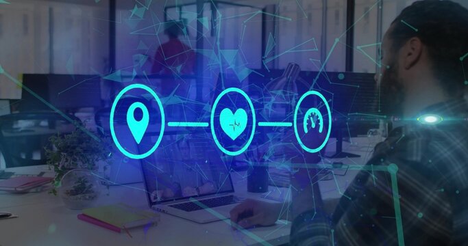 Working man analyzing digital network overlay on laptop and monitor at office desk, copy space - Powered by Adobe