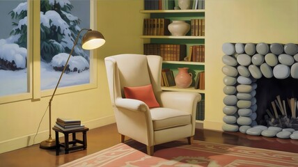 Armchair by fireplace in cozy living room &ndash; Ideal for winter comfort, interior inspiration, or home decor content