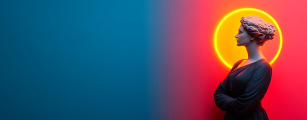 Statue silhouette against a vivid backdrop, illuminated by neon light, showcasing timeless grace in a modern aesthetic. Fusion of classical art with contemporary design.