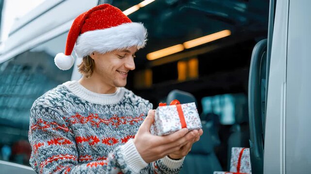 Smiling man in a Santa hat and cozy sweater handing a wrapped Christmas gift outdoors near a van