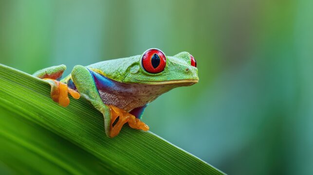 Red eyed tree frog perched on a green leaf macro image