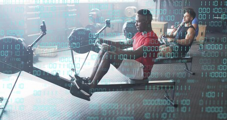 Rowing man in red T-shirt and white shorts on ergometer at gym with binary code overlay
