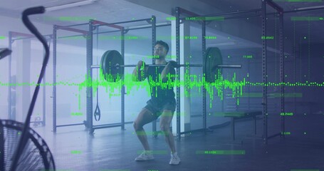 Squatting man performing loaded barbell exercise at gym rack, with digital overlay