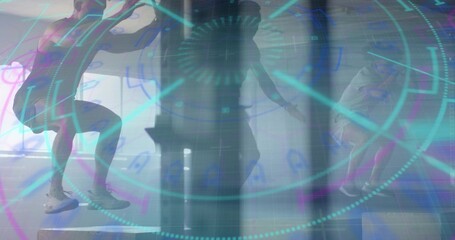 Three boxers wearing gloves and hitting heavy punching bag in gym, with digital targeting overlay