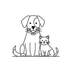 Charming black and white illustration of a dog and cat sitting together peacefully