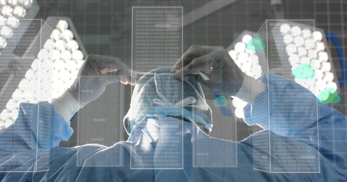 Surgeon securing surgical cap under LED lights in operating theater, with binary code overlays