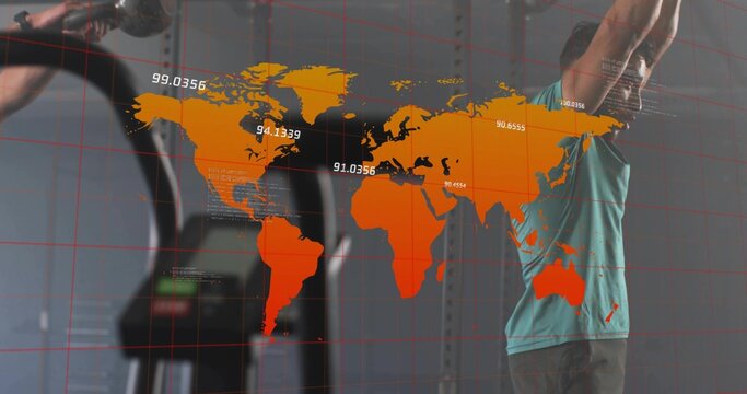 Lifting adult male holding weight bar overhead at gym, with digital map grid overlay - Powered by Adobe