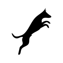 Dynamic black silhouette of a dog leaping joyfully in mid air