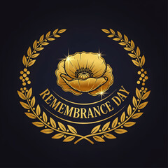 Golden poppy flower emblem for Remembrance Day, surrounded by a laurel wreath on a dark blue background.