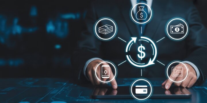 Financial strategy concept: A professional, exuding authority, navigates the complexities of digital finances. They interact with an array of icons.