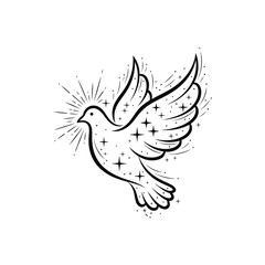 Outline drawing of a dove with sparkling stars and radiating light, isolated on white background