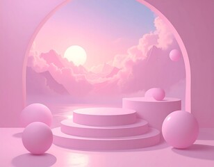 Pastel pink 3D scene with podiums and spheres