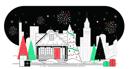 Christmas New Year 2025 cityscape holiday fireworks decorated house snowy trees gift boxes festive winter night skyline celebration